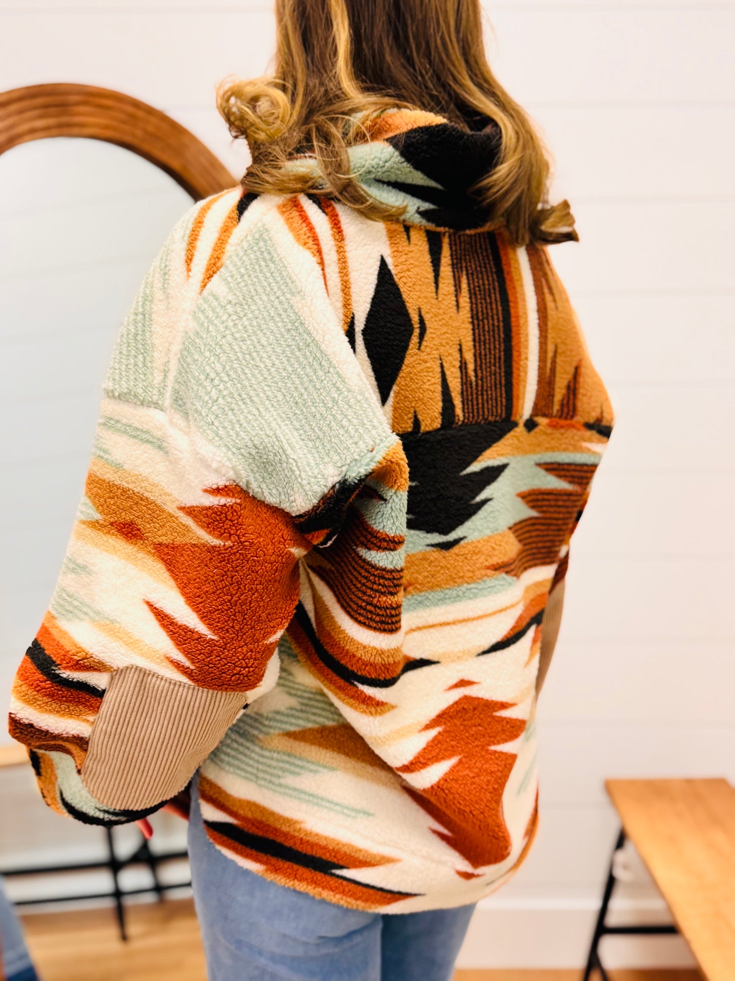 Half Zip Up Aztec Graphic Fleece Top