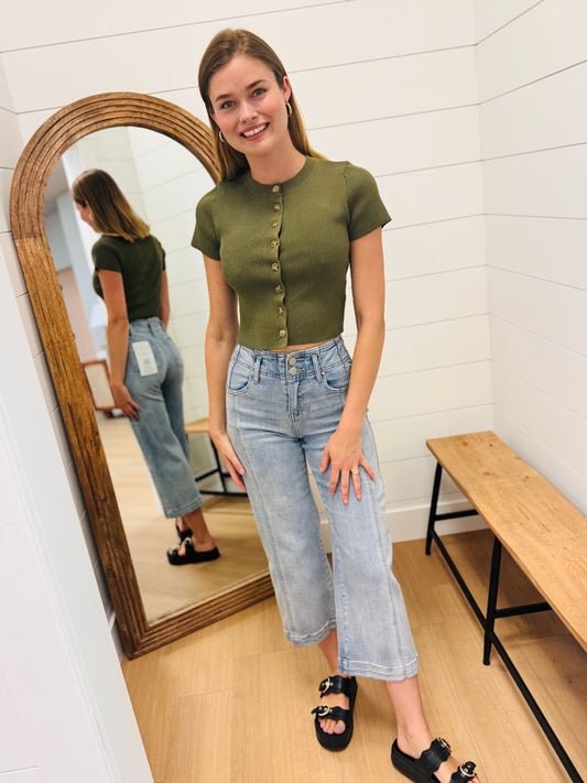 Olive Button Down Crop Sweater