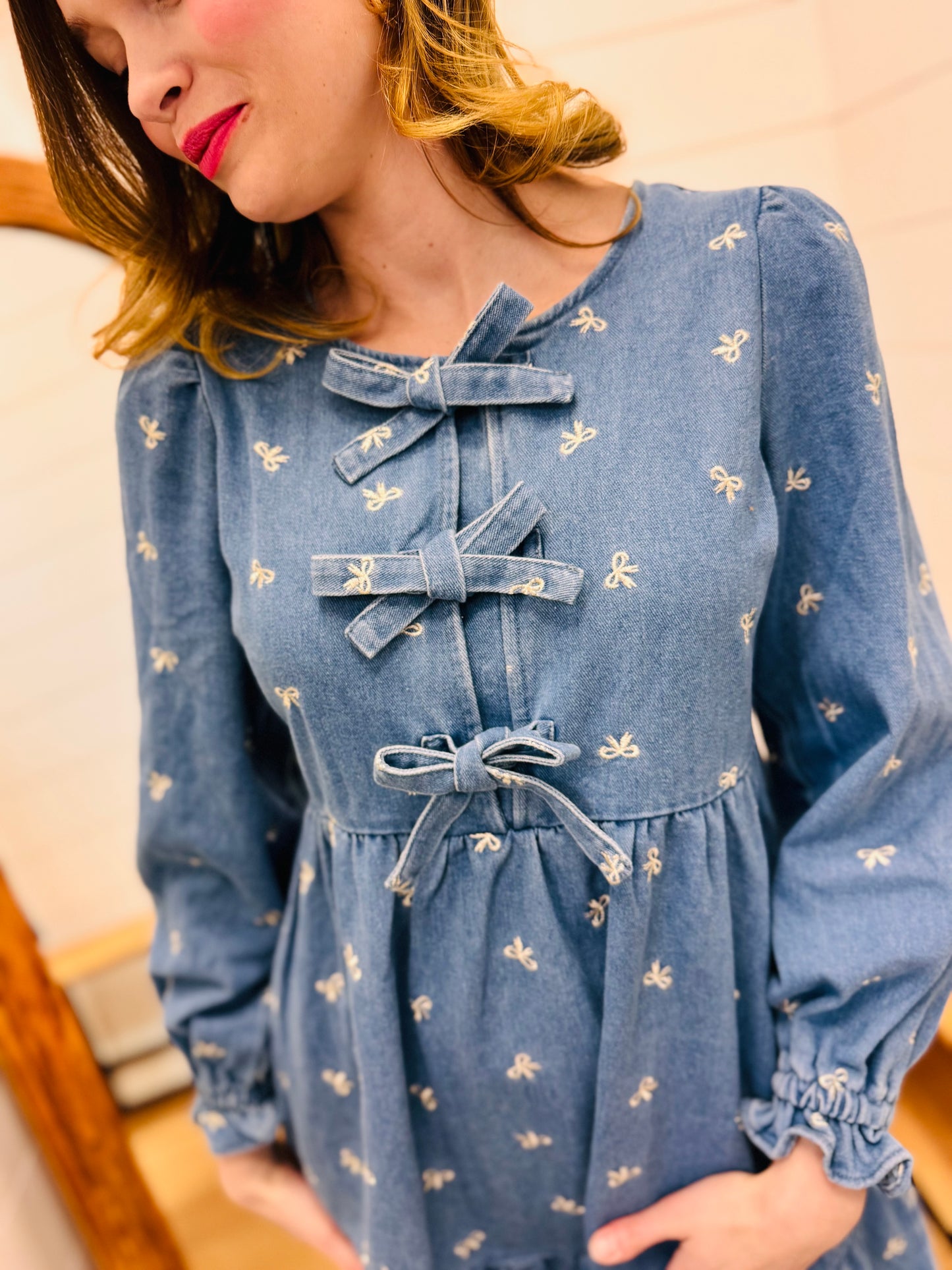 Soft Washed Denim Bow Dress