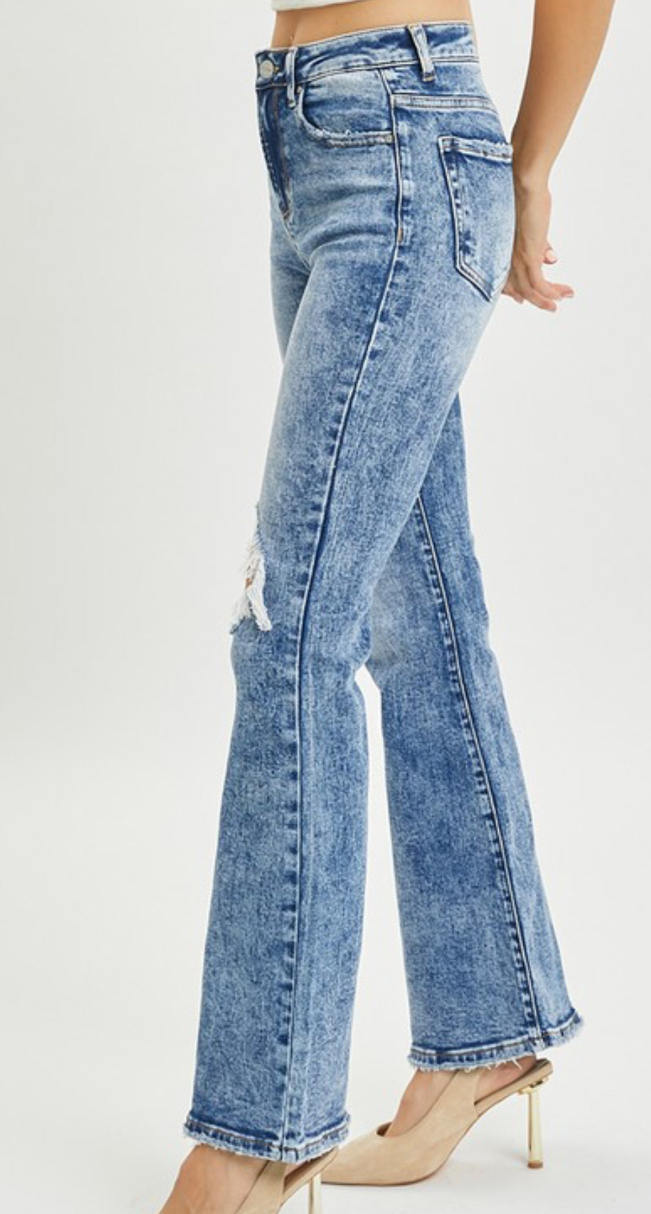 High Rise Knee Distressed Flare Jeans - Risen