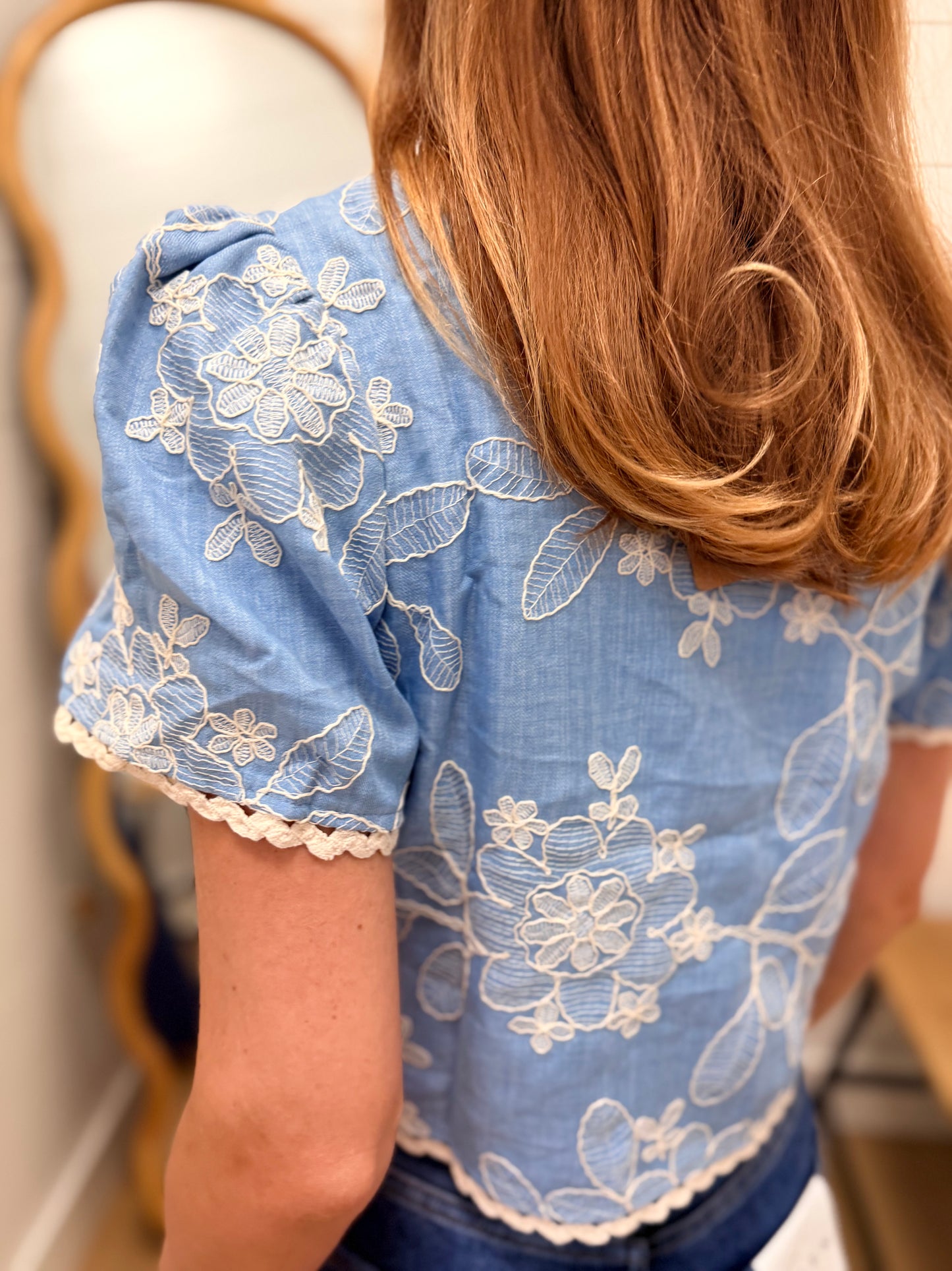 Embroidered Pattern Front Tie Wavy Trim Top