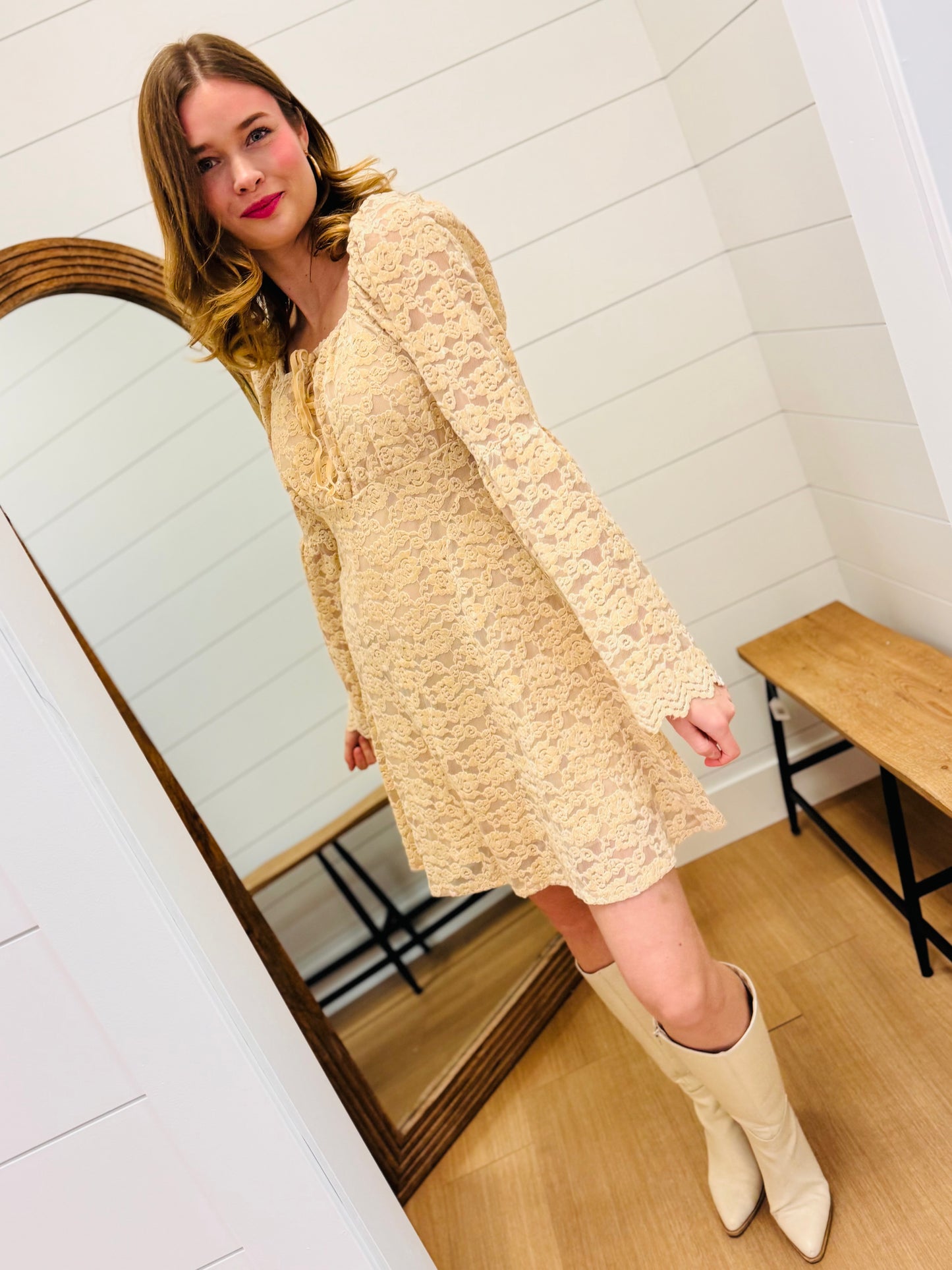 Textured Lace Bell Sleeve Dress
