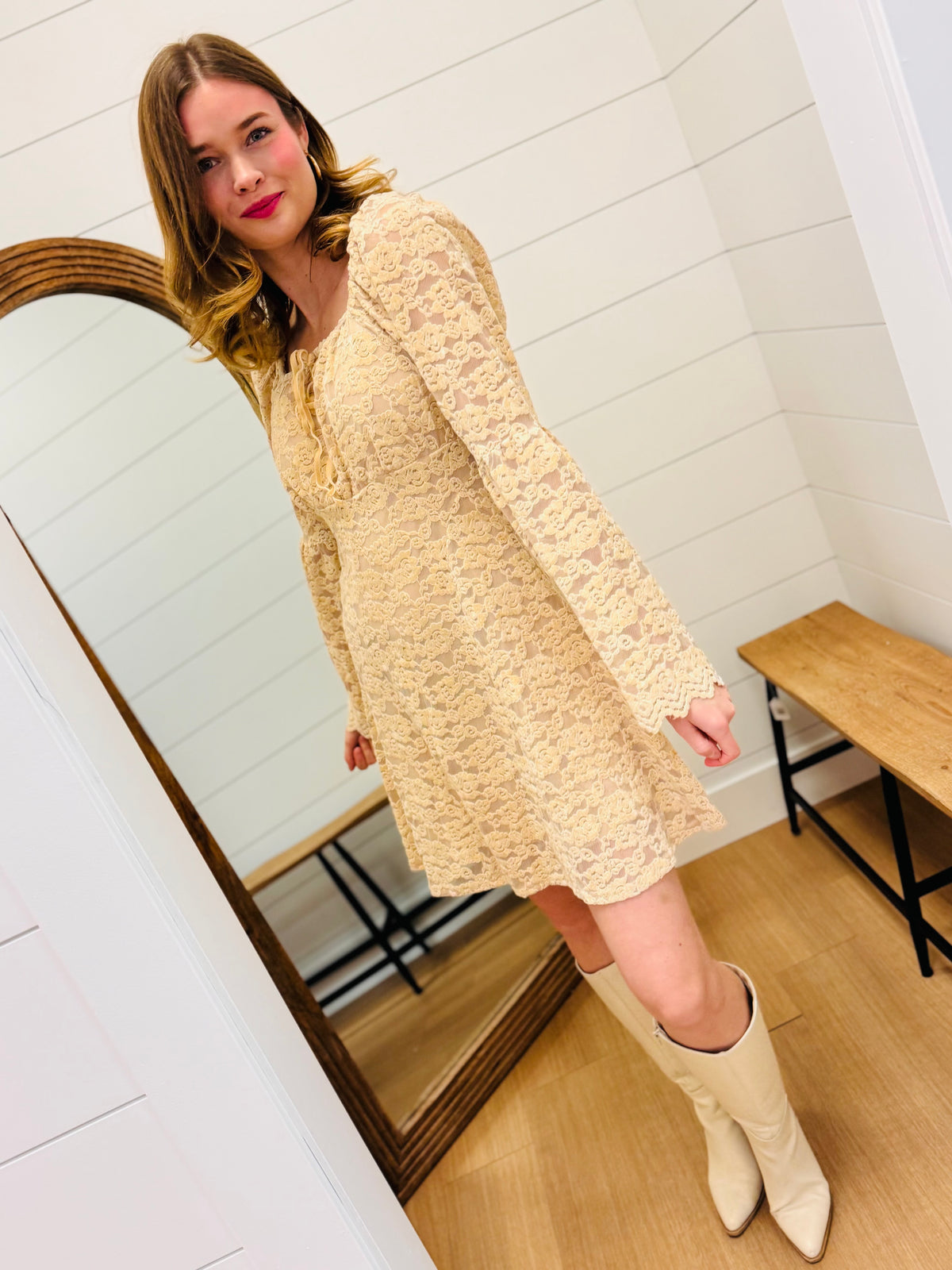Textured Lace Bell Sleeve Dress