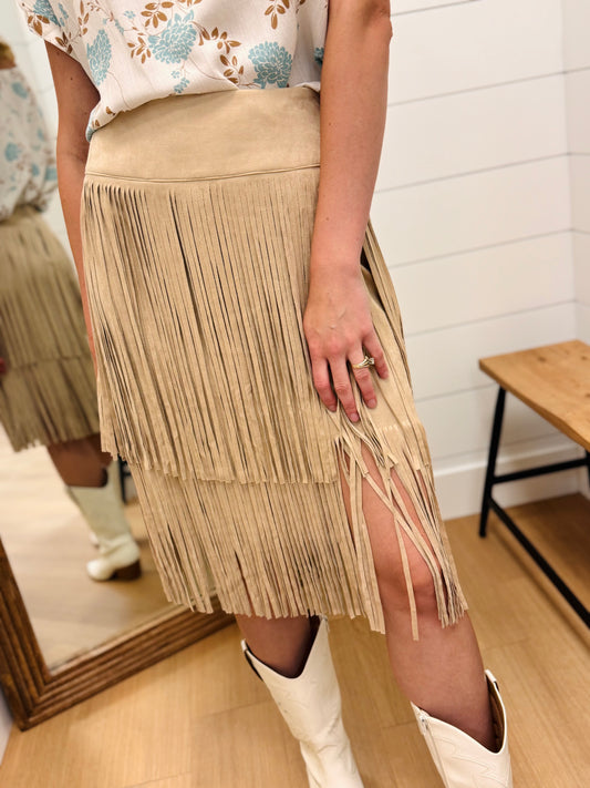 Fringe Mini Suede Skirt - Taupe