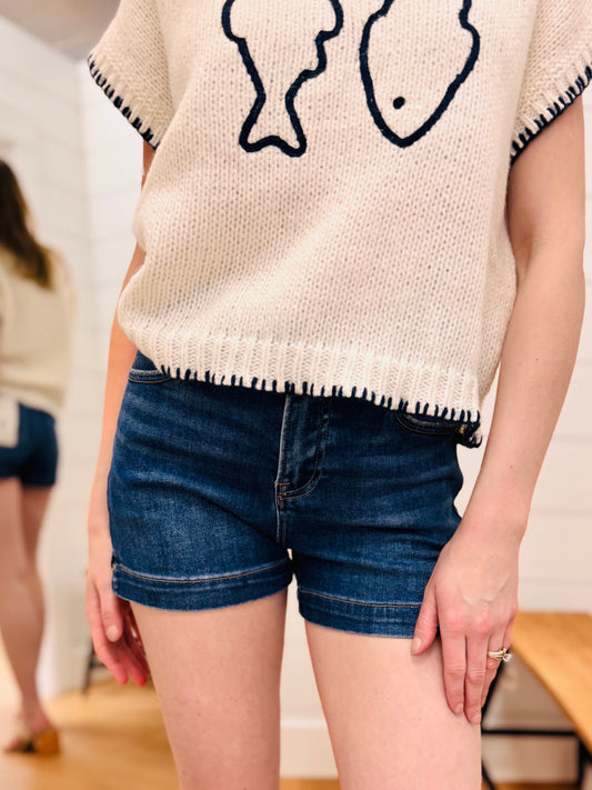 Dark Wash High Rise Basic Shorts - RISEN