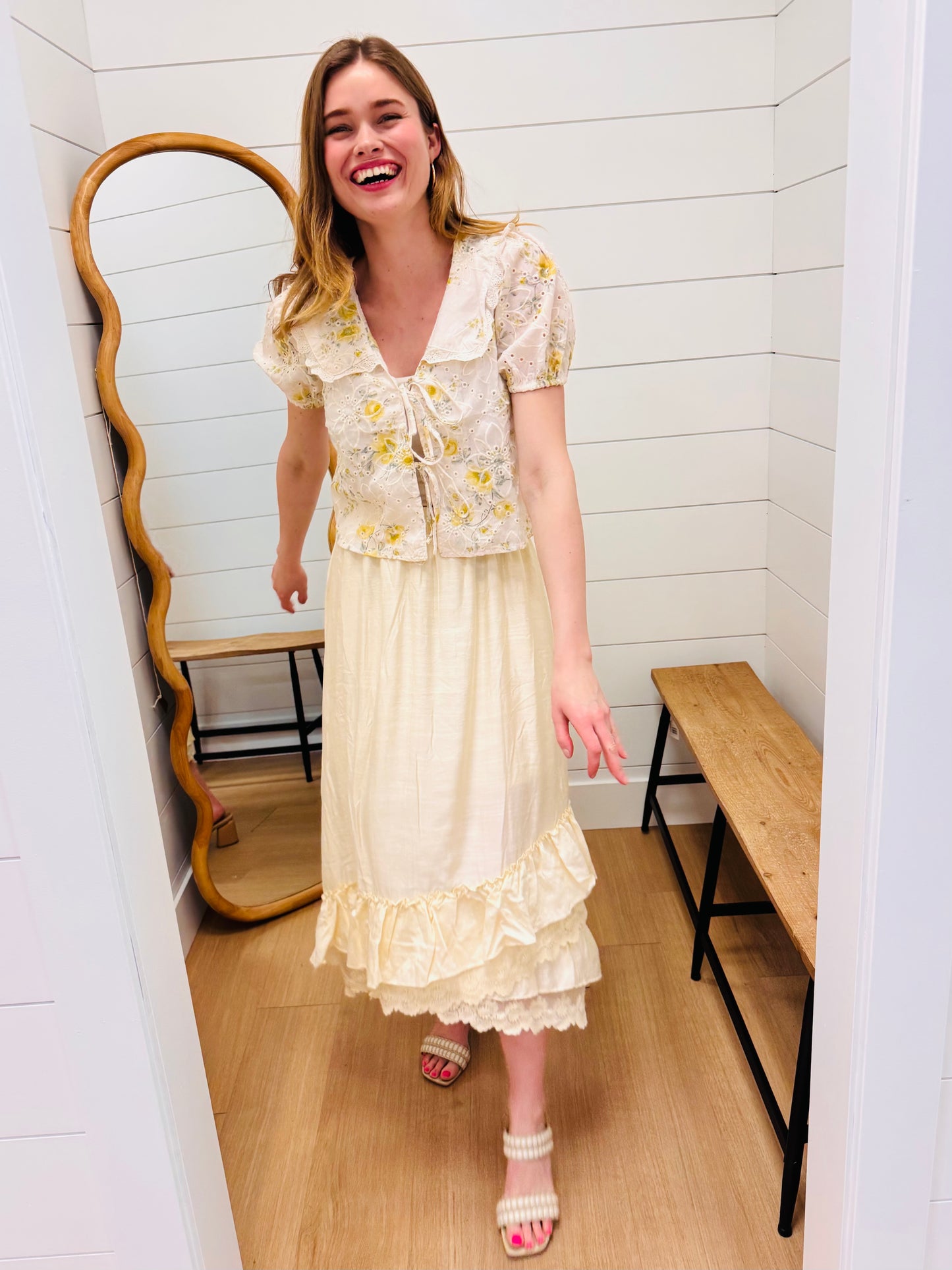 Floral Eyelet Pattern Collared Front Tie Blouse