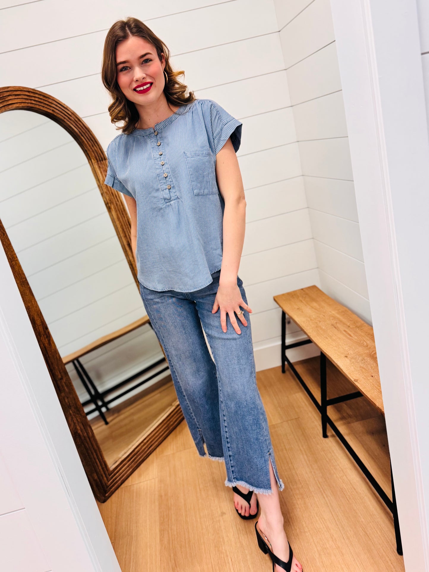 Stripe Chambray Henley Ruched Detail Top