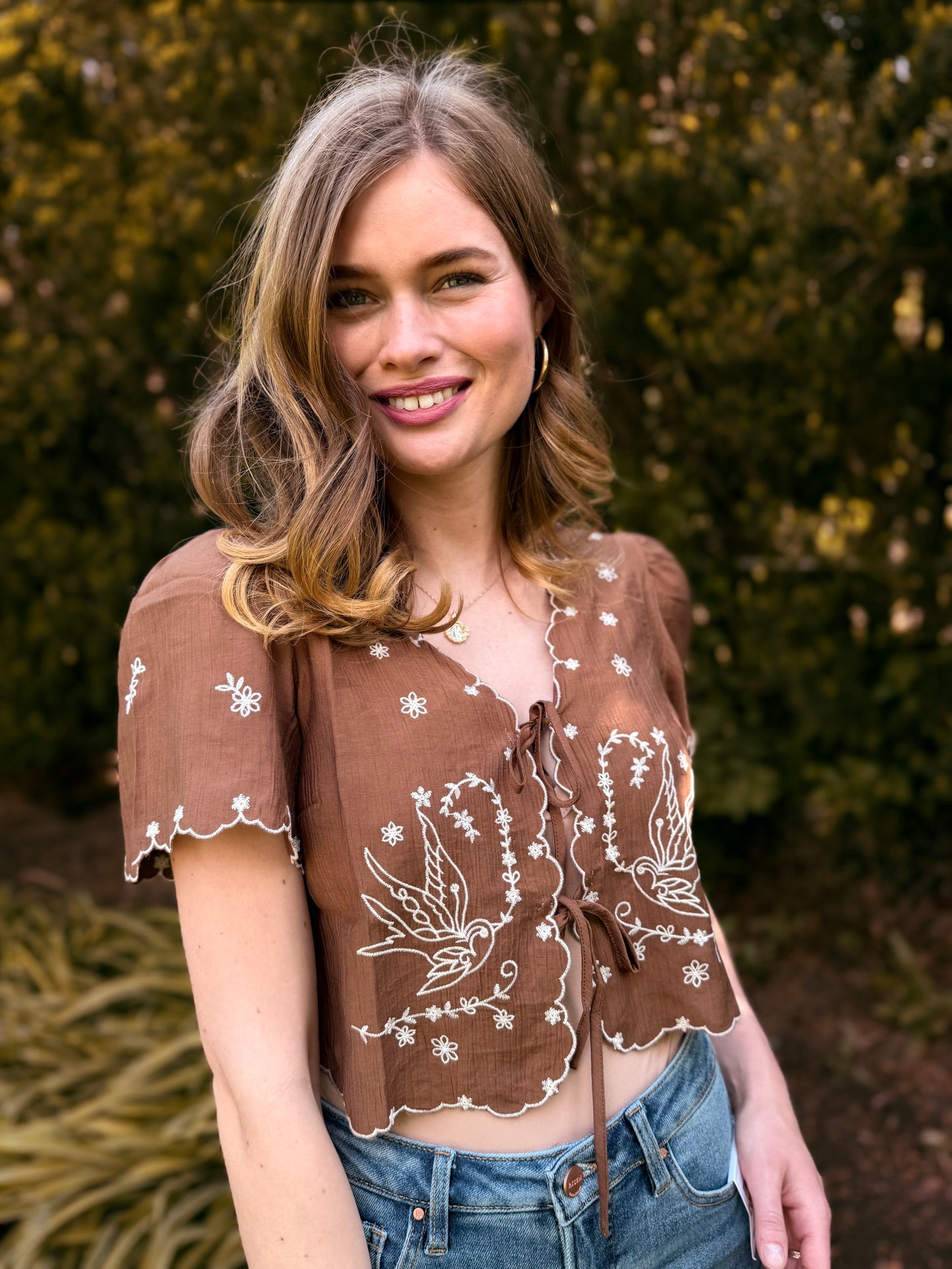 Bird Embroidery Short Sleeve Front Tie Top