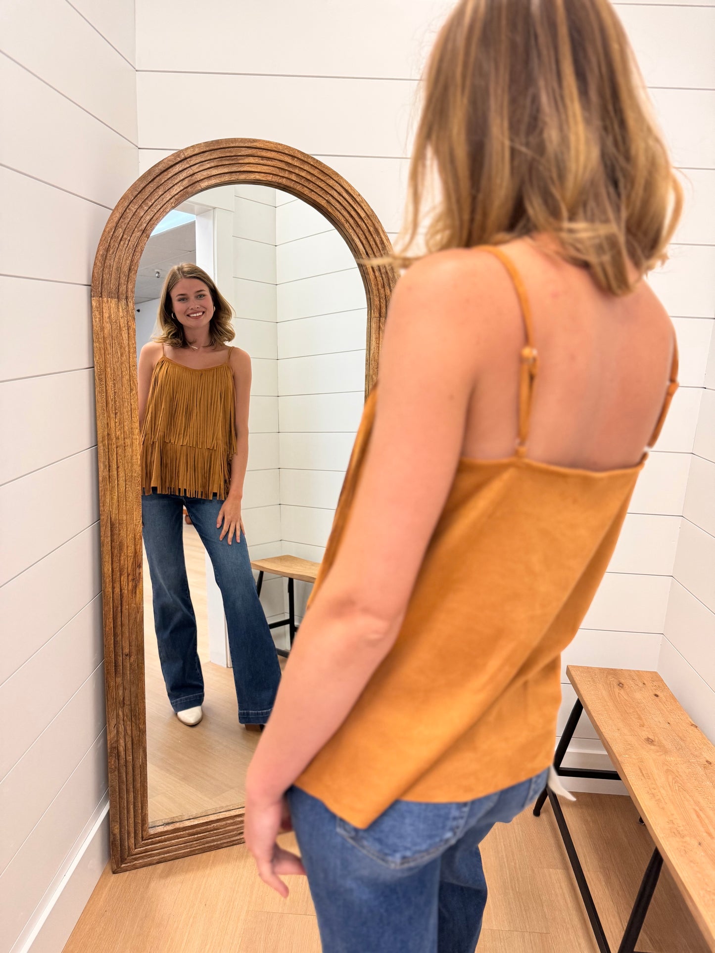 Layered Fringe Single Strap Suede Shirt - Camel SM-3XL