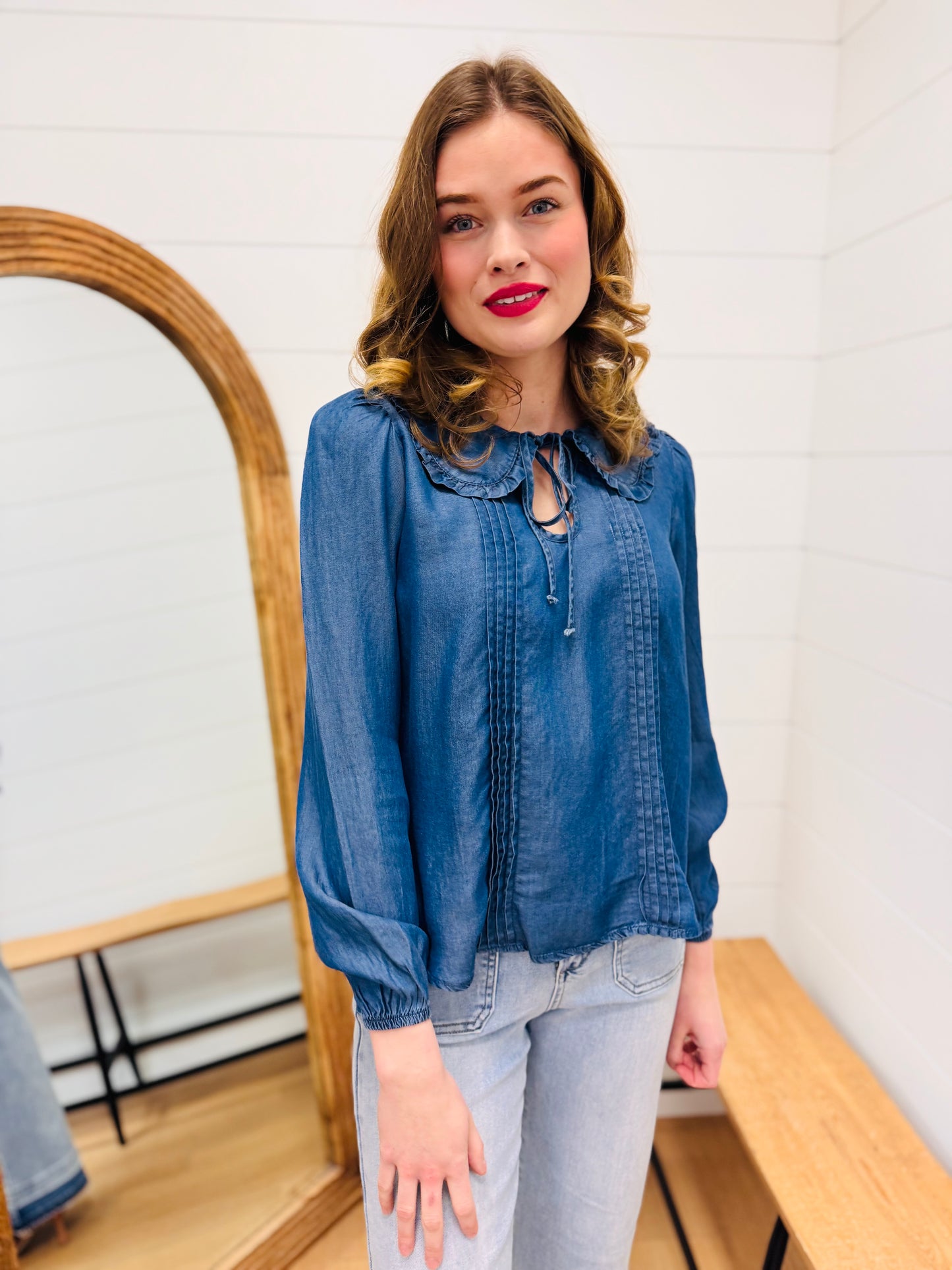 Denim Collared Pintuck Detail Long Sleeve Top