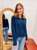 Navy + Red Heart Button Down Cardigan