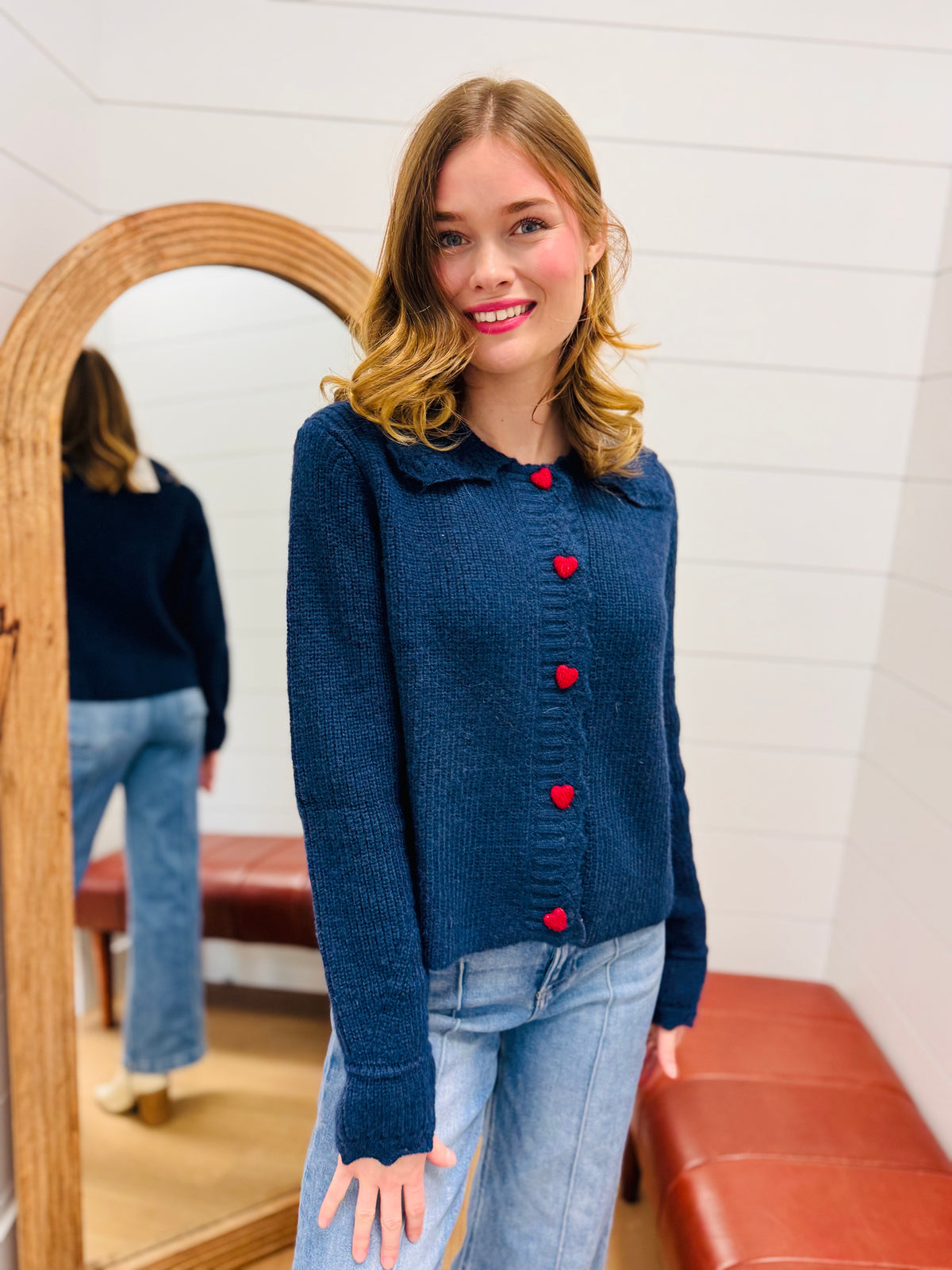 Navy + Red Heart Button Down Cardigan