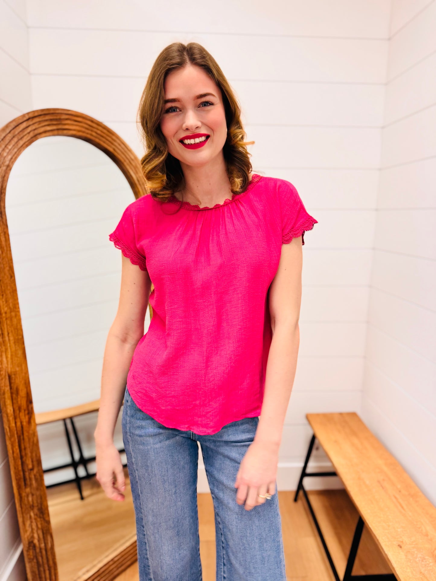 Lace Trim Back Bow Detail Short Sleeve Blouse