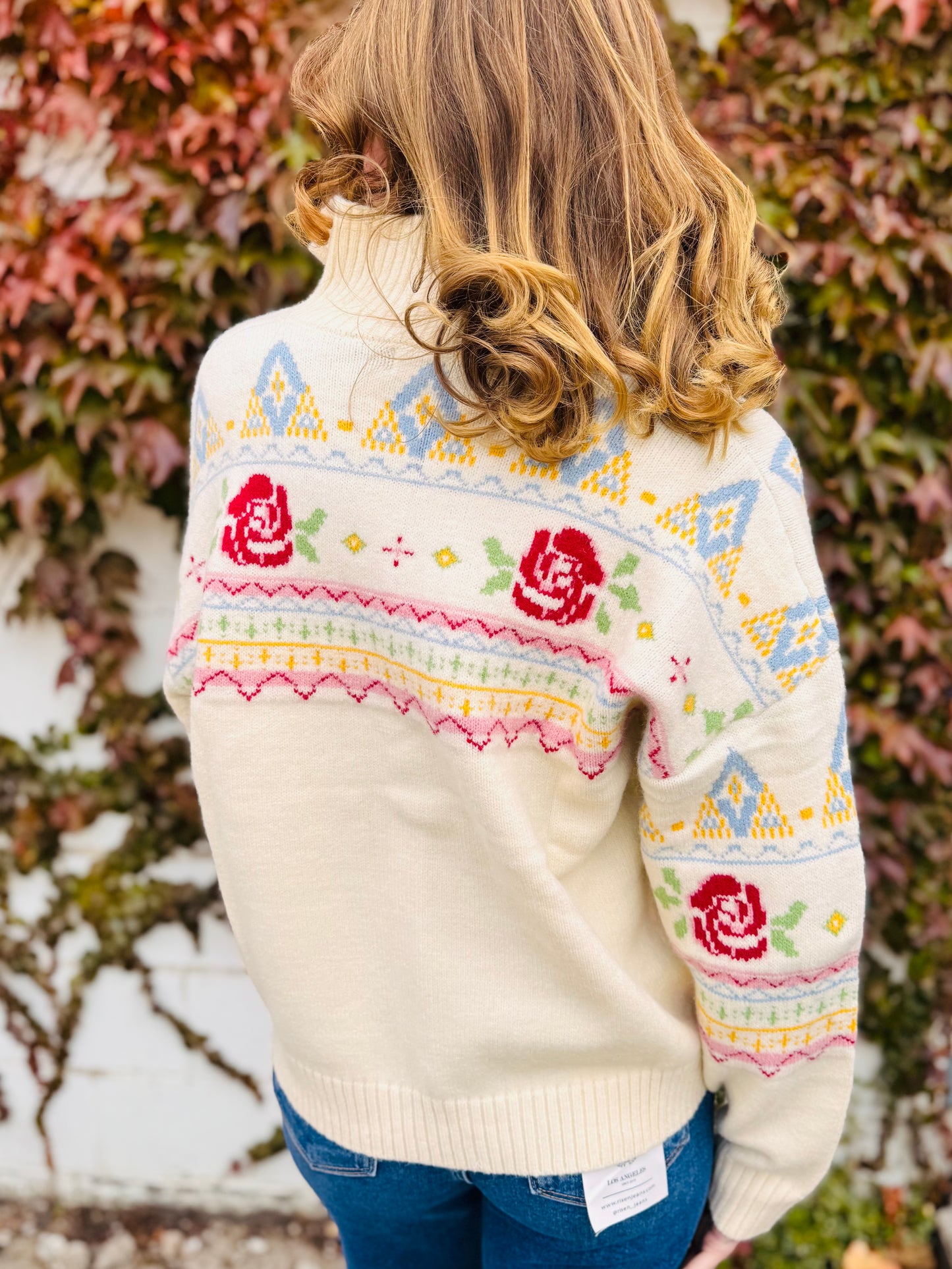 Rose Fair Isle Half Zip Knit Pullover Sweater