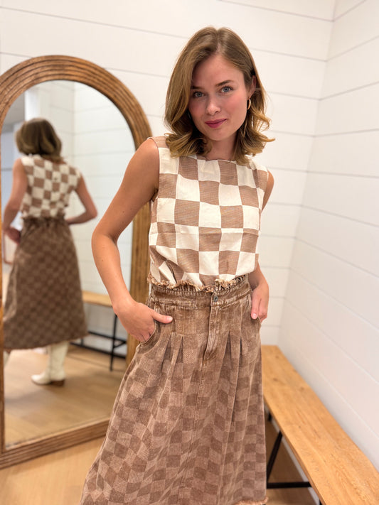Checkered Sleeveless Linen Crop Top