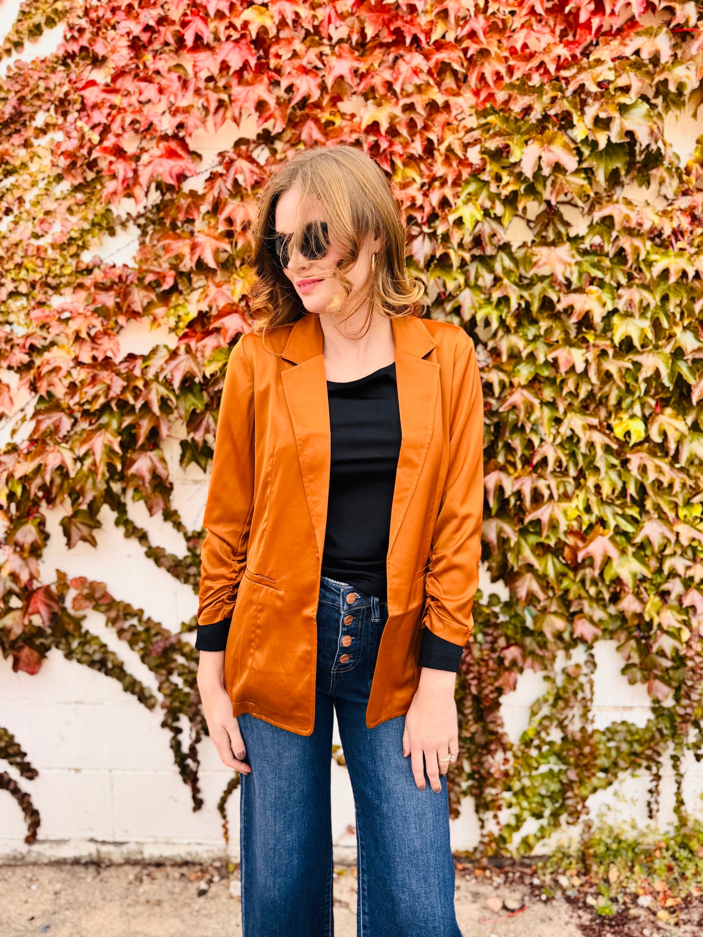 Satin Ruched Sleeve Blazer Jacket