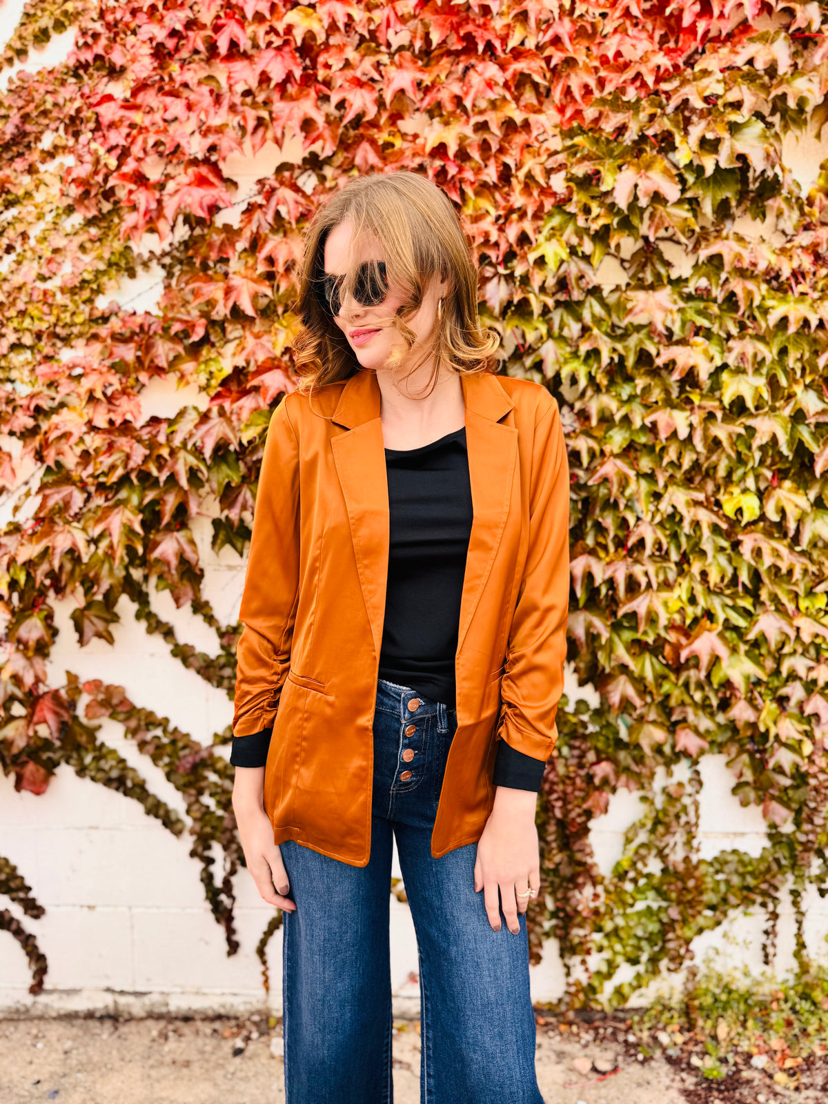 Satin Ruched Sleeve Blazer Jacket