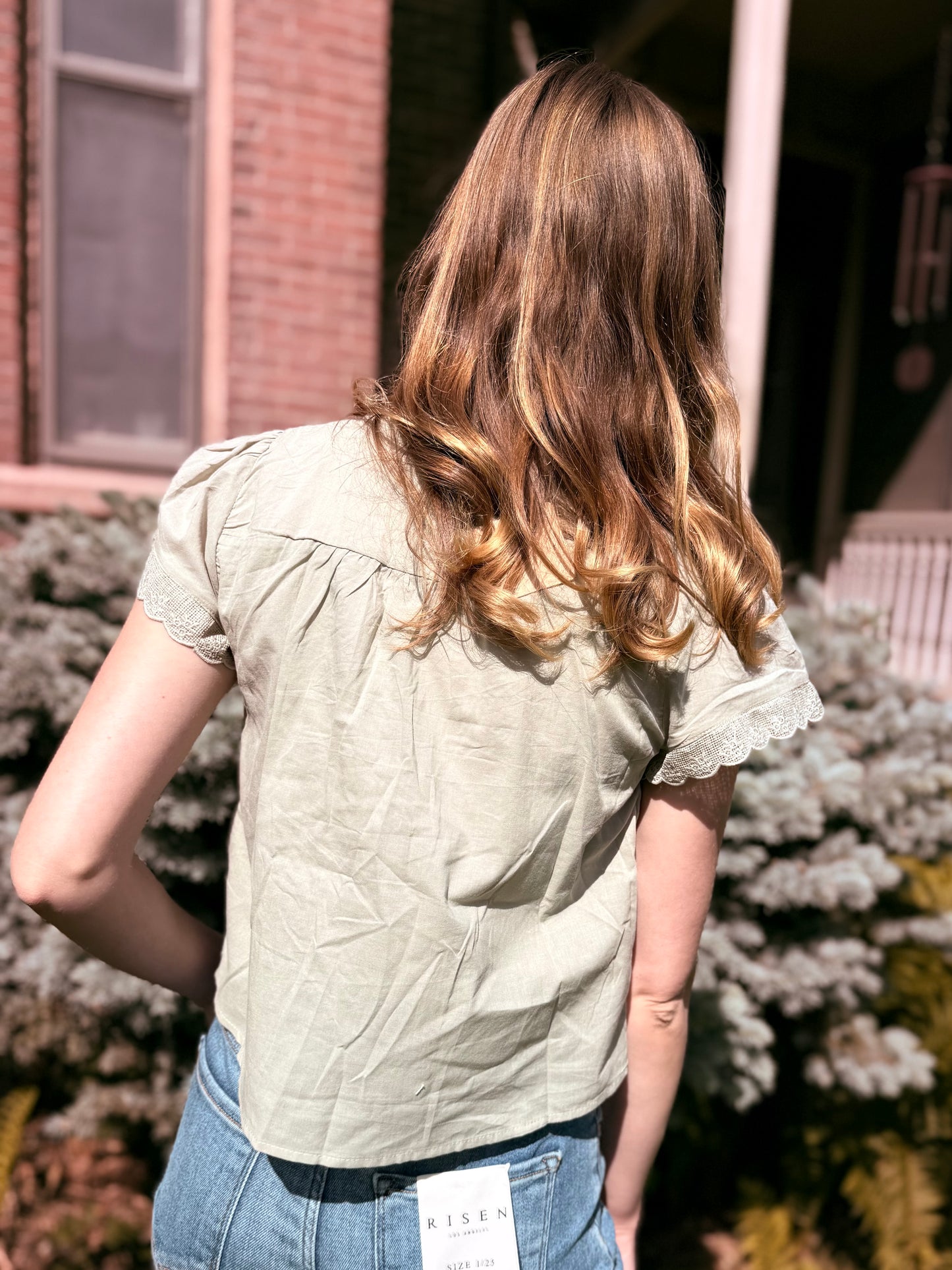 Scalloped Embroidered Front Tie Lace Trim Top