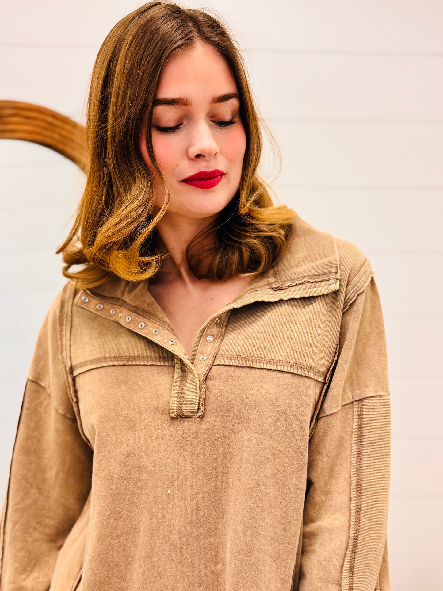 Half Button Down Pullover - Mocha