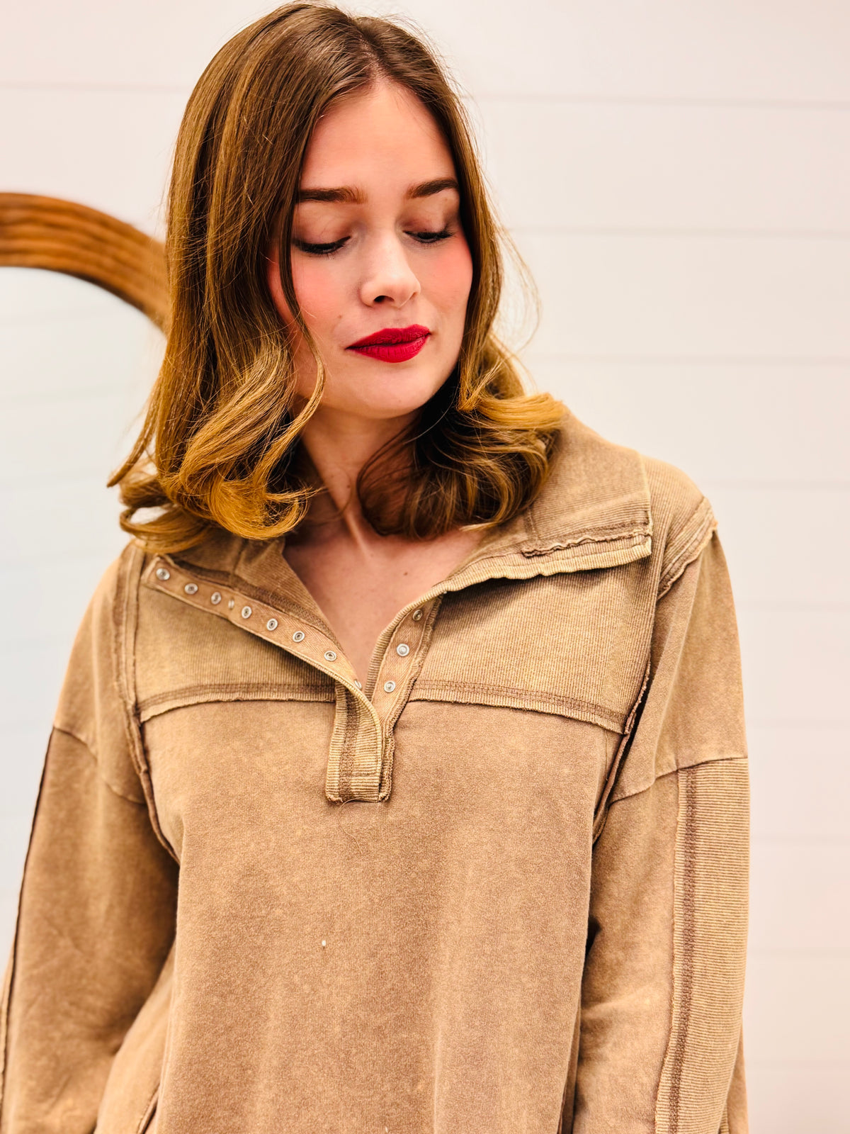 Half Button Down Pullover - Mocha
