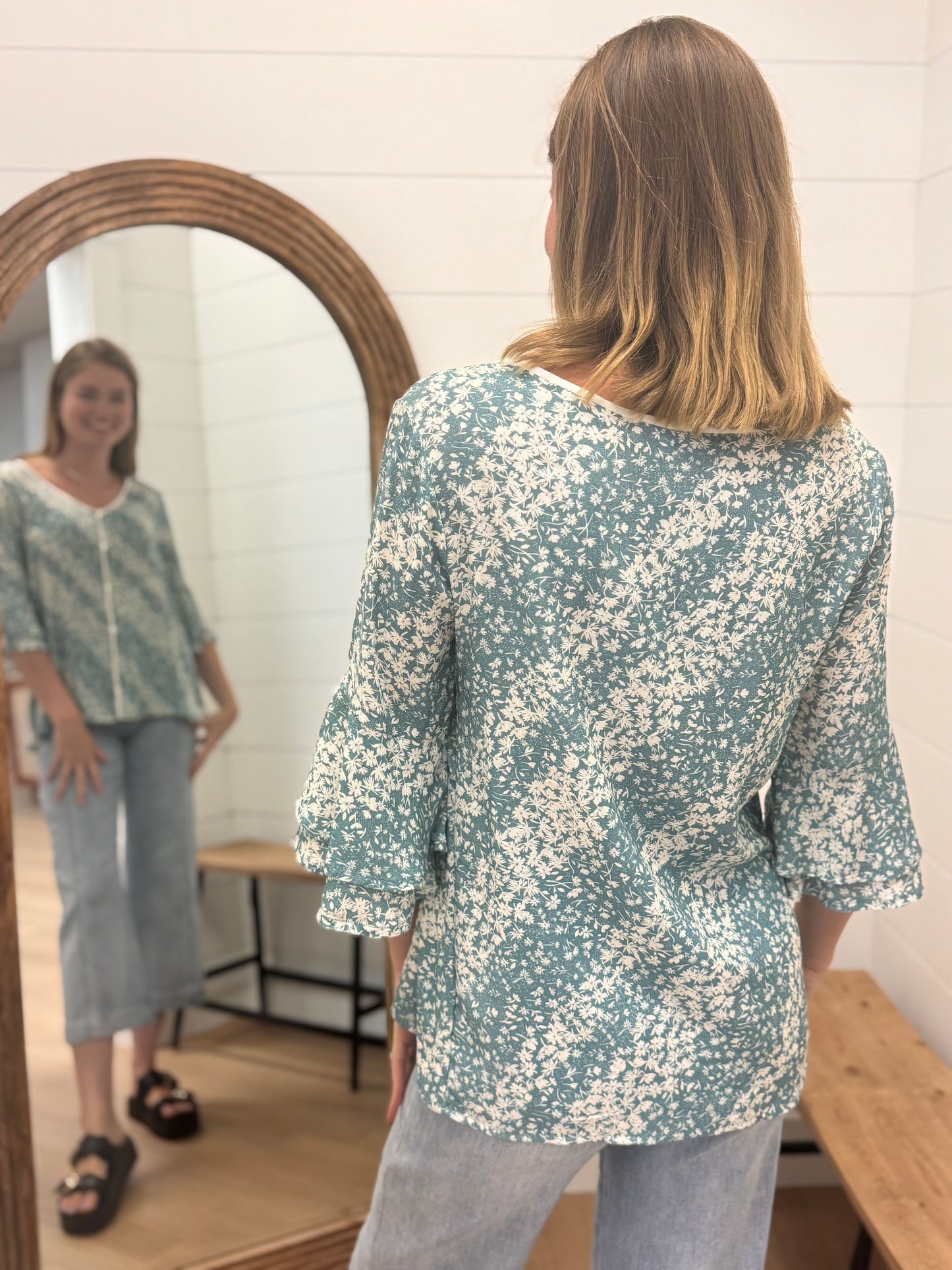 Floral Button Down with Ruffle Sleeve