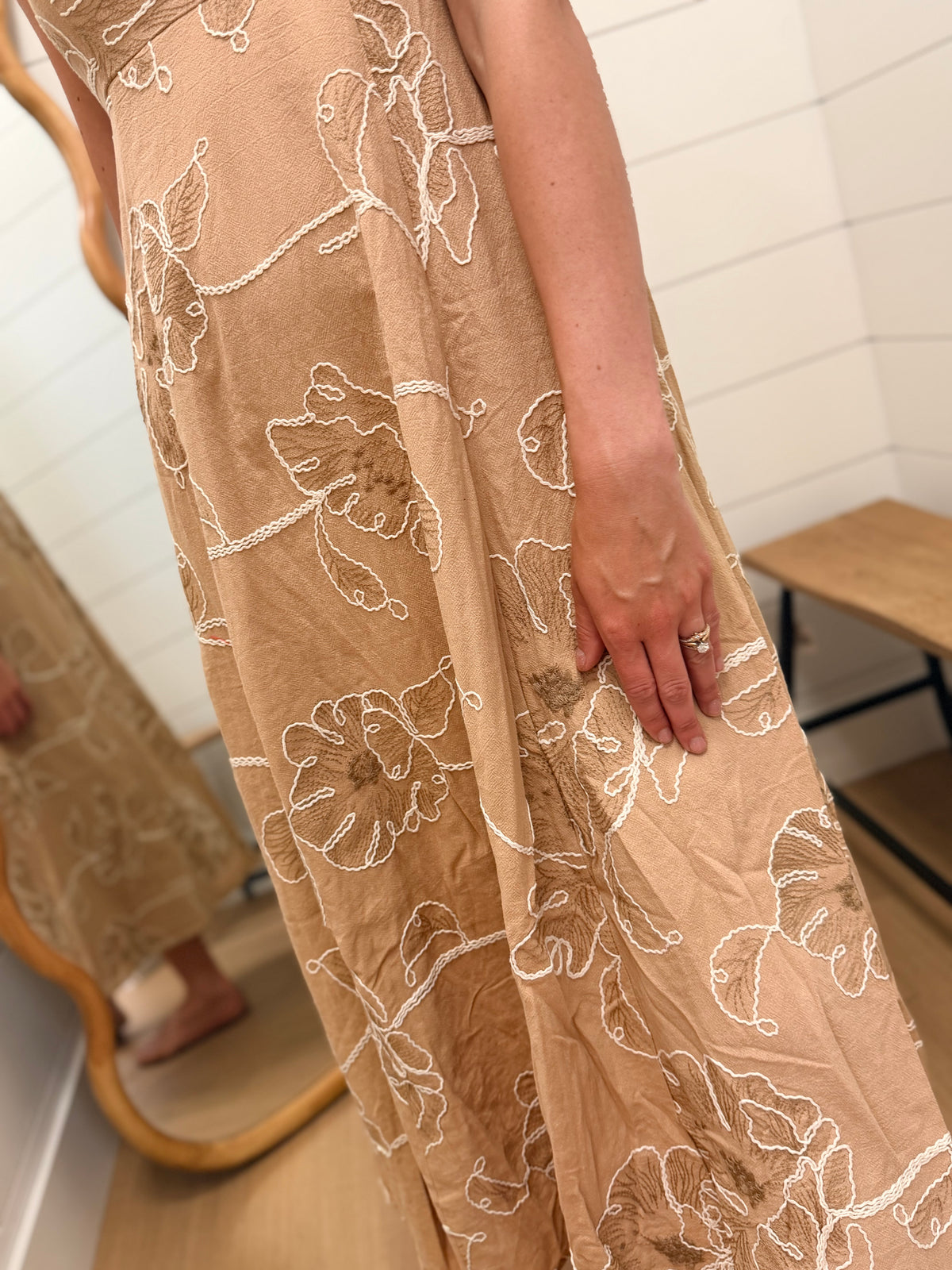 Floral Embroidered Spaghetti Strap Midi Dress