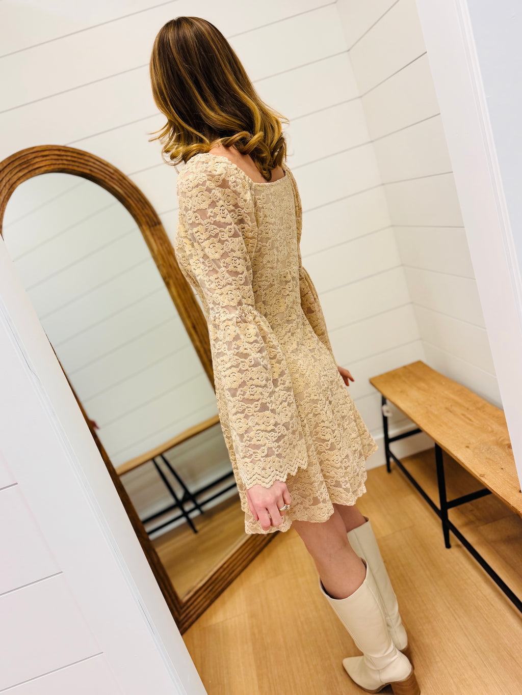 Textured Lace Bell Sleeve Dress