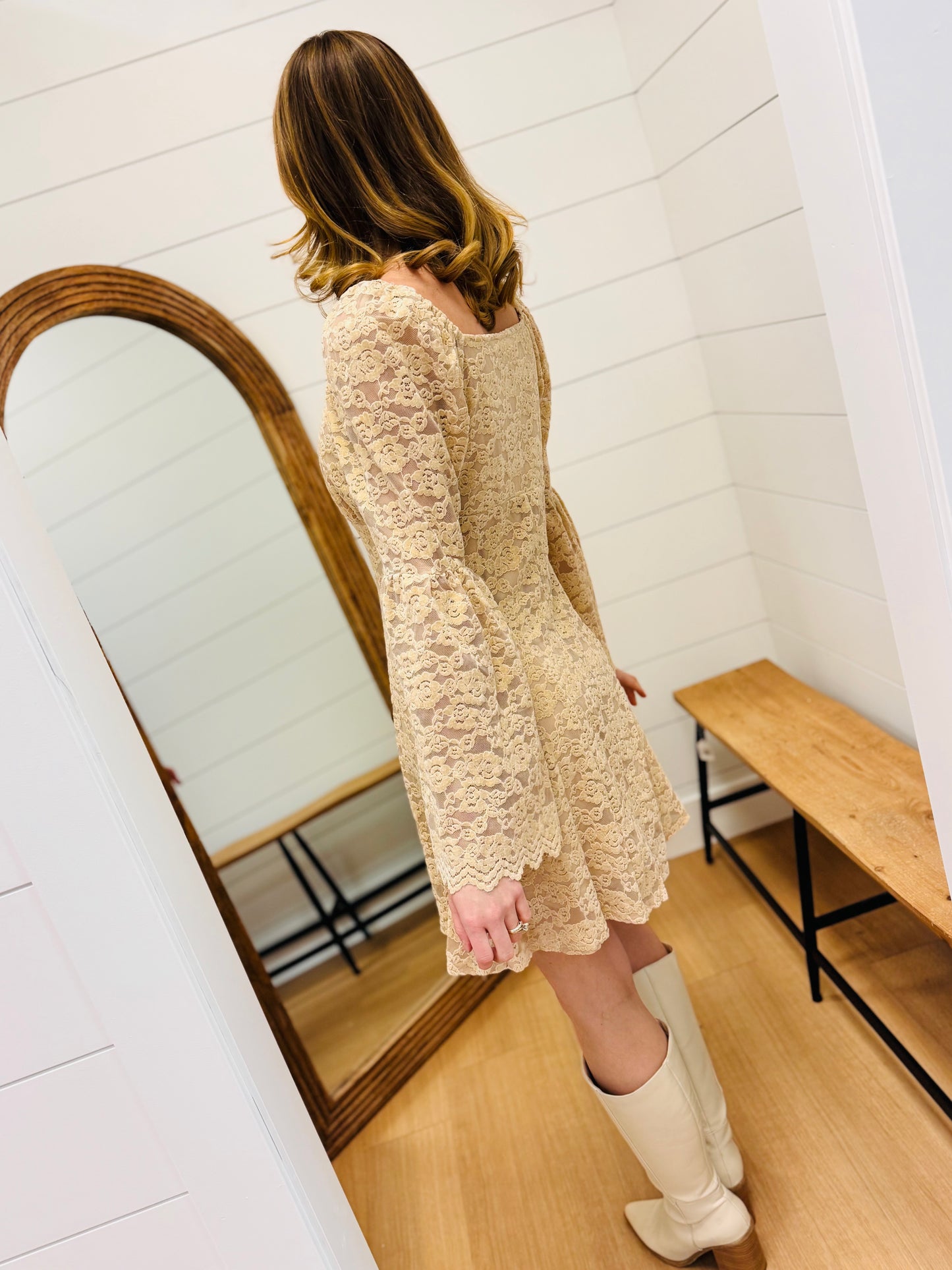 Textured Lace Bell Sleeve Dress