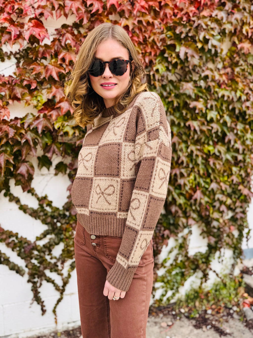 Checkered Bow Jacquard Crewneck Knit Sweater