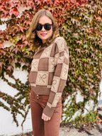 Checkered Bow Jacquard Crewneck Knit Sweater