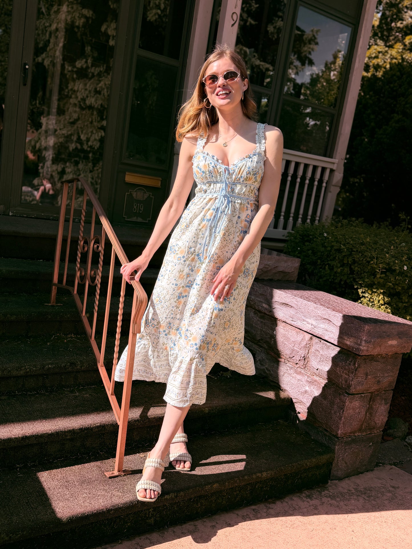 Border Floral Sleeveless Front Tie Midi Dress