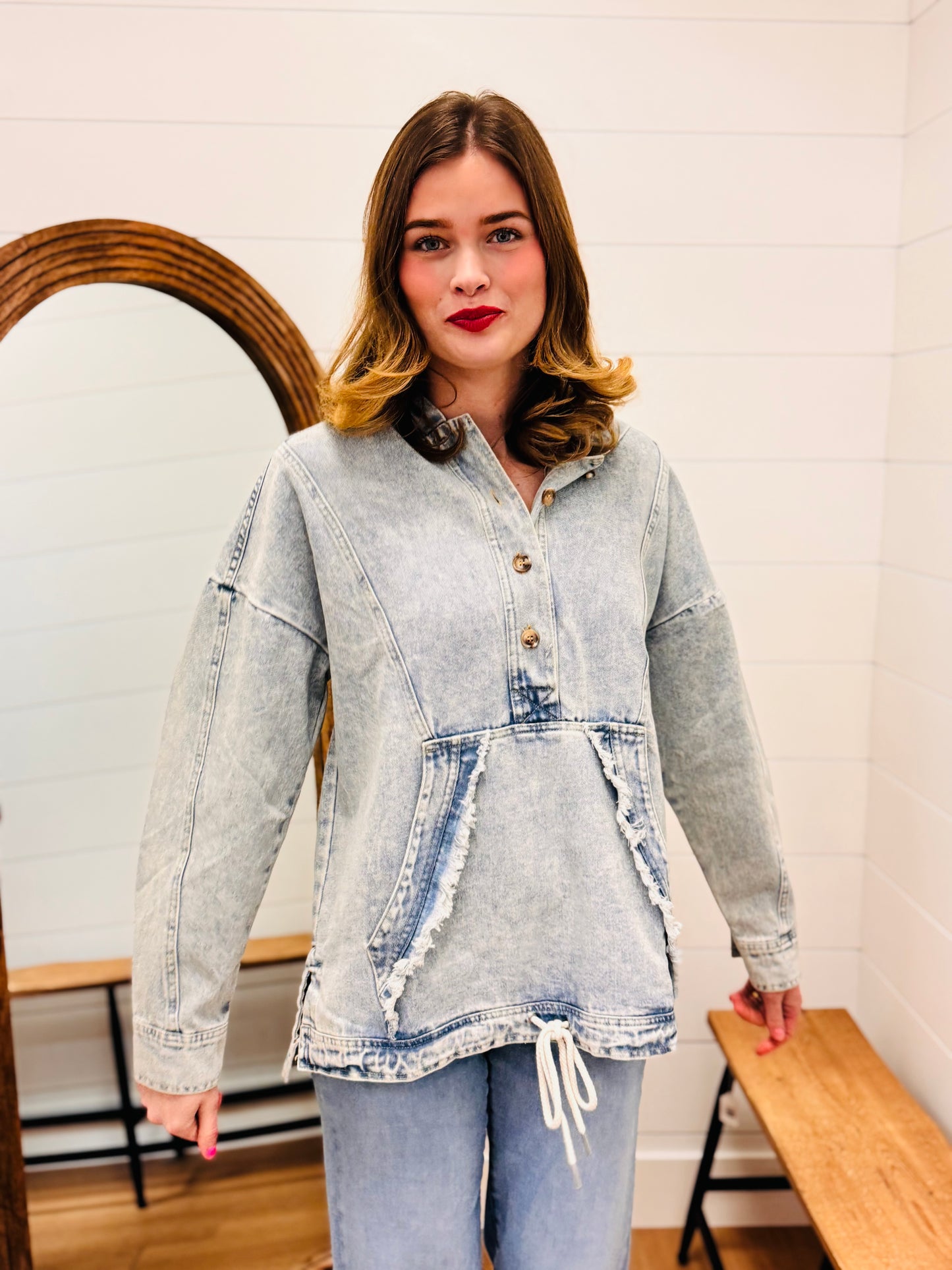 Washed Denim Hoodie Pullover Top