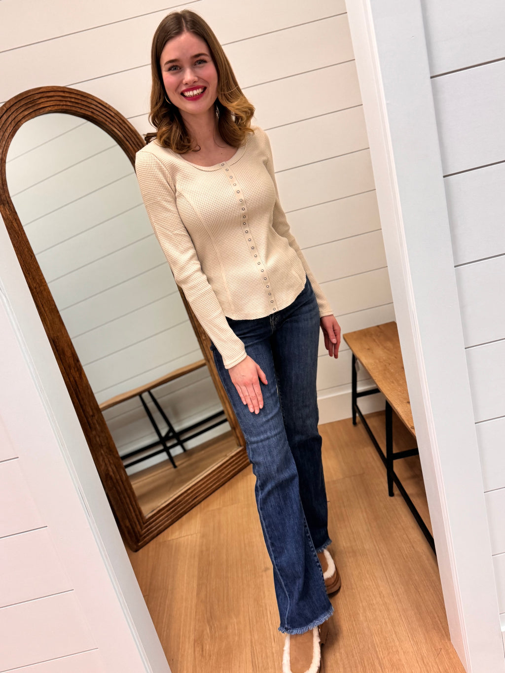 Button Down Fitted Knit Casual Top - Oatmeal