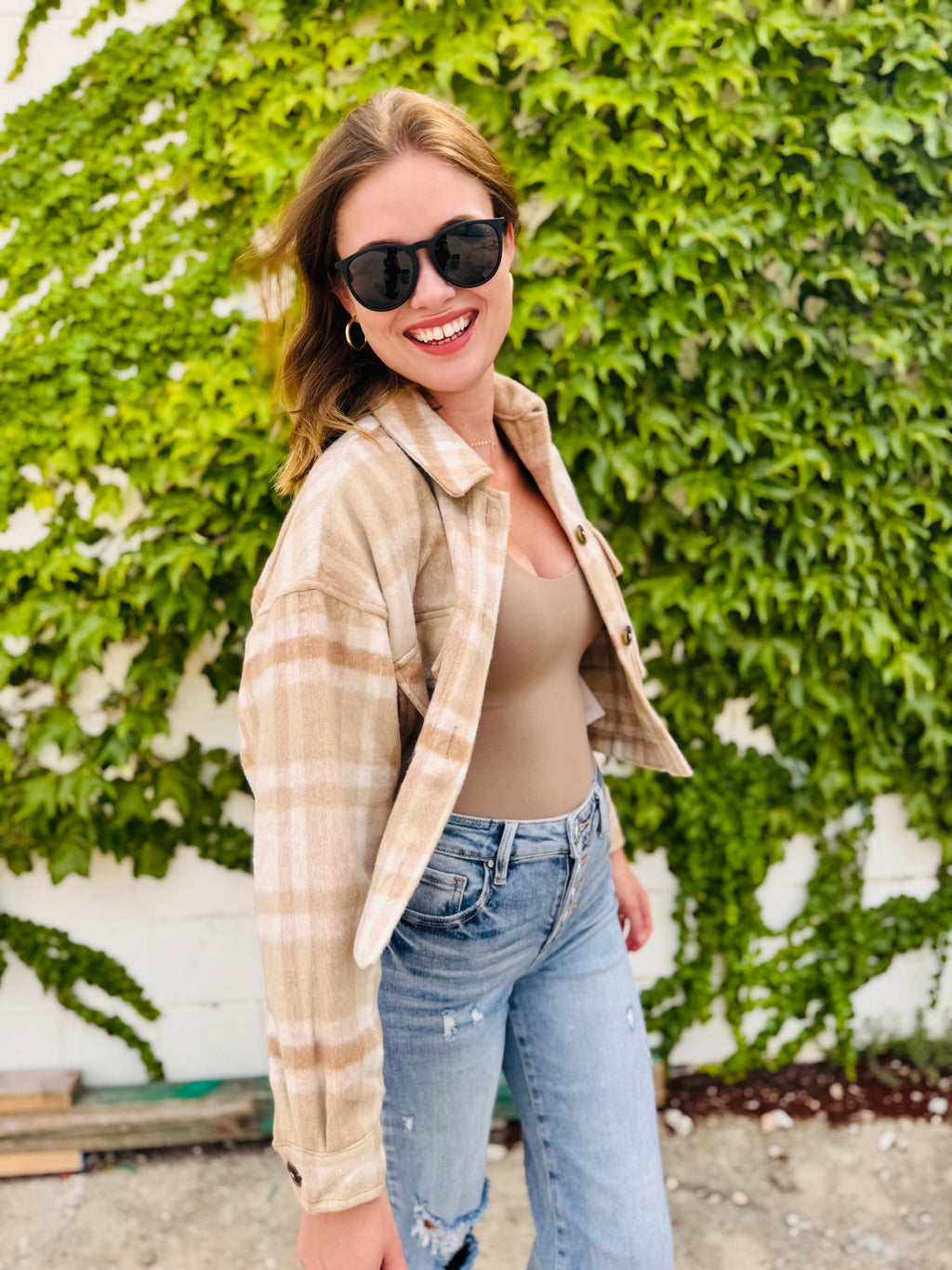 Button-down Short Plaid Shacket - Khaki