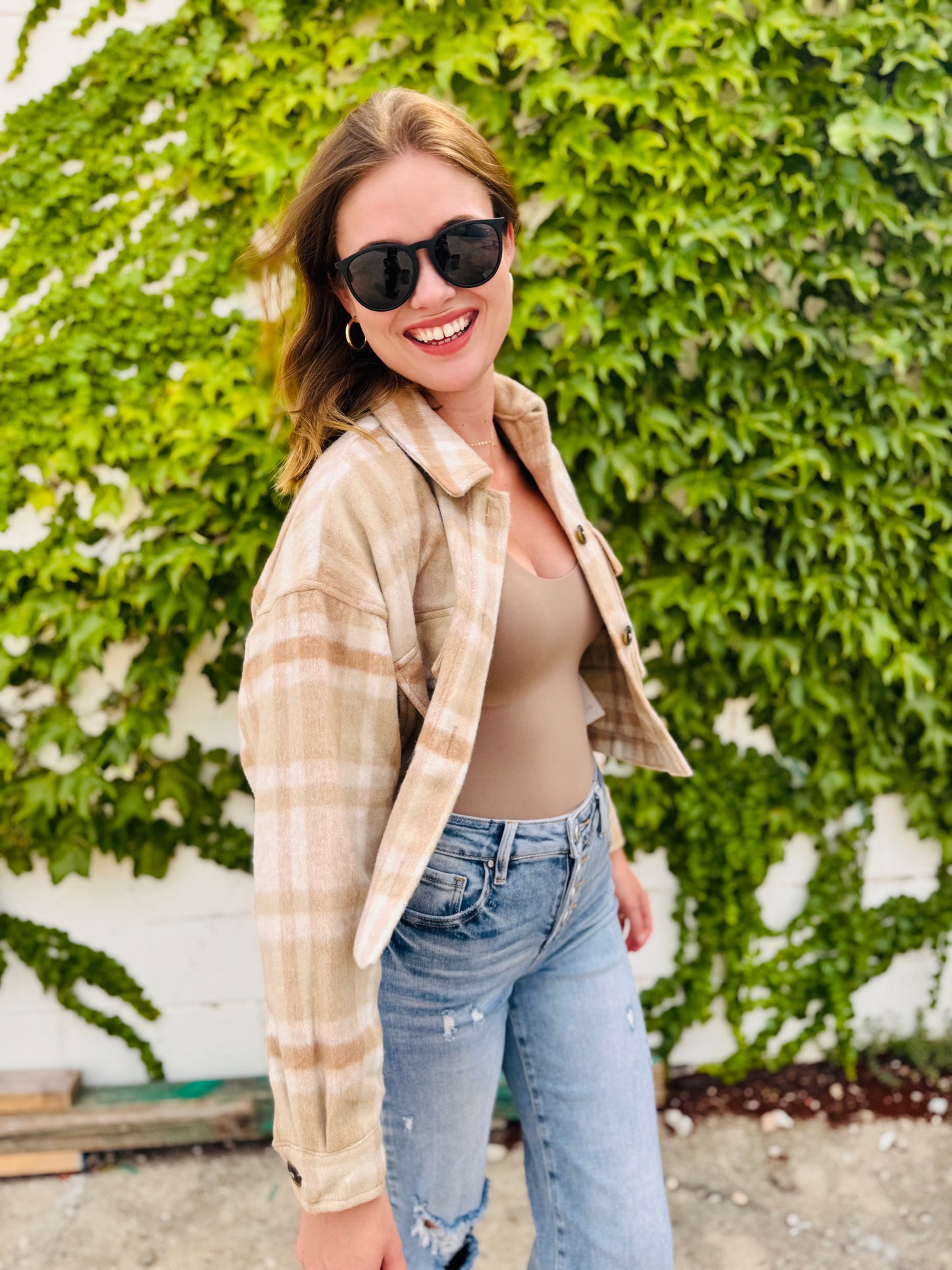 Button-down Short Plaid Shacket - Khaki