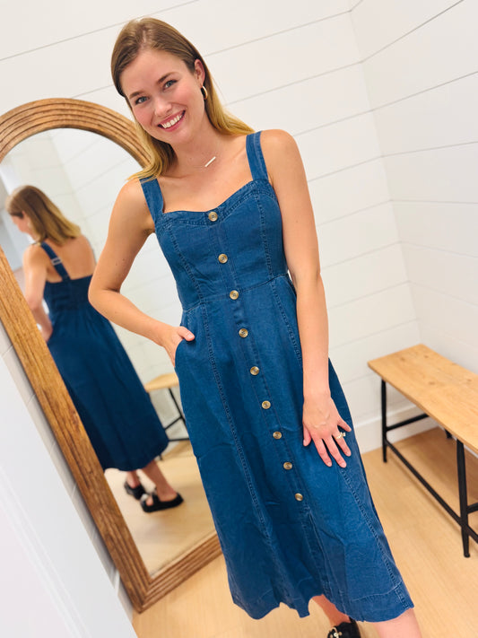 Dark Chambray Midi Dress with Sweetheart Neckline