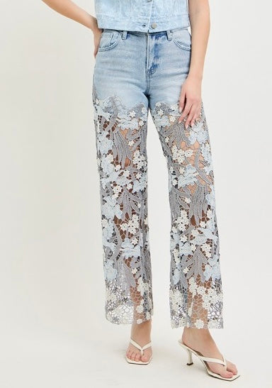 High Rise Wide Crop Lace Risen Denim