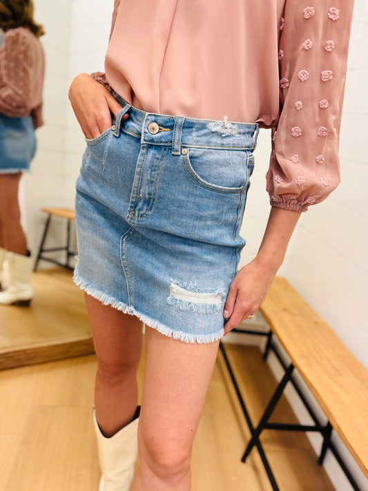 Light Wash Mini Skirt with Undone Hem