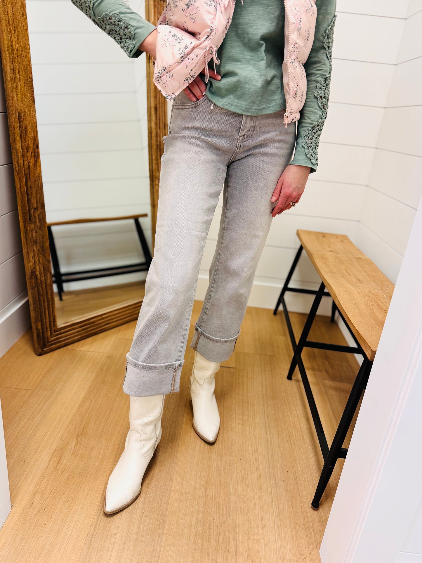 Washed Grey Mid Rise Crop Straight Jeans With Cuff - Risen