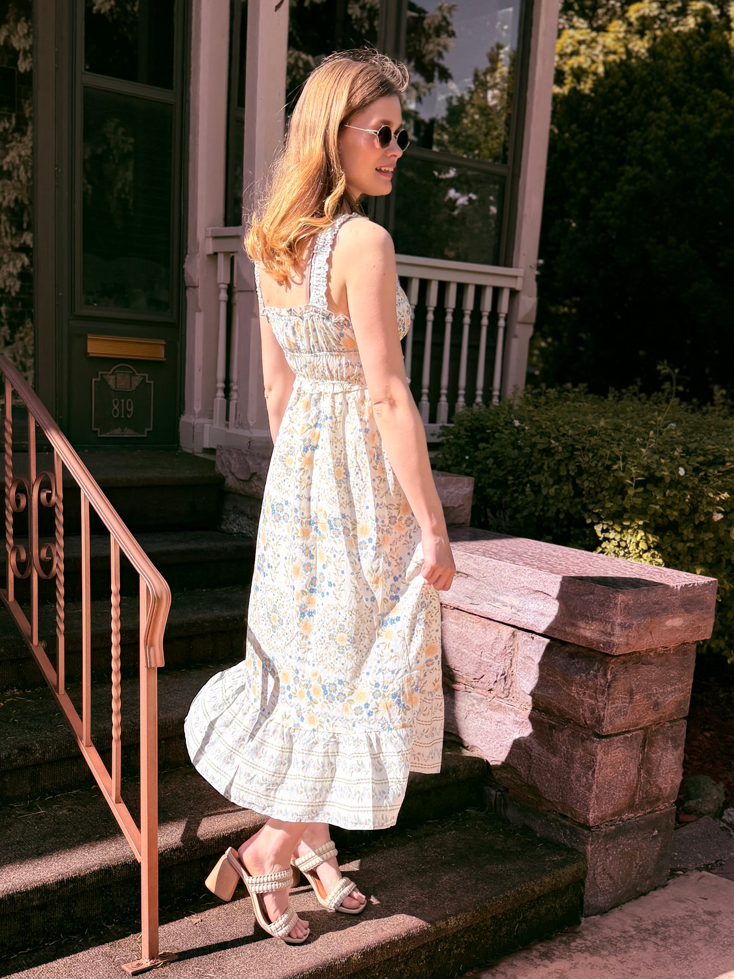 Border Floral Sleeveless Front Tie Midi Dress