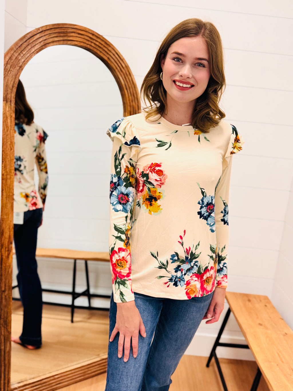 Floral Printed Top With Ruffled Sleeves