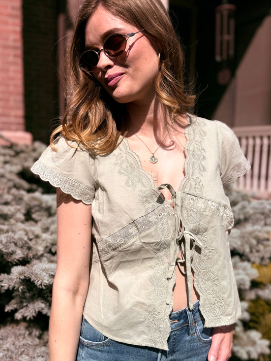 Scalloped Embroidered Front Tie Lace Trim Top