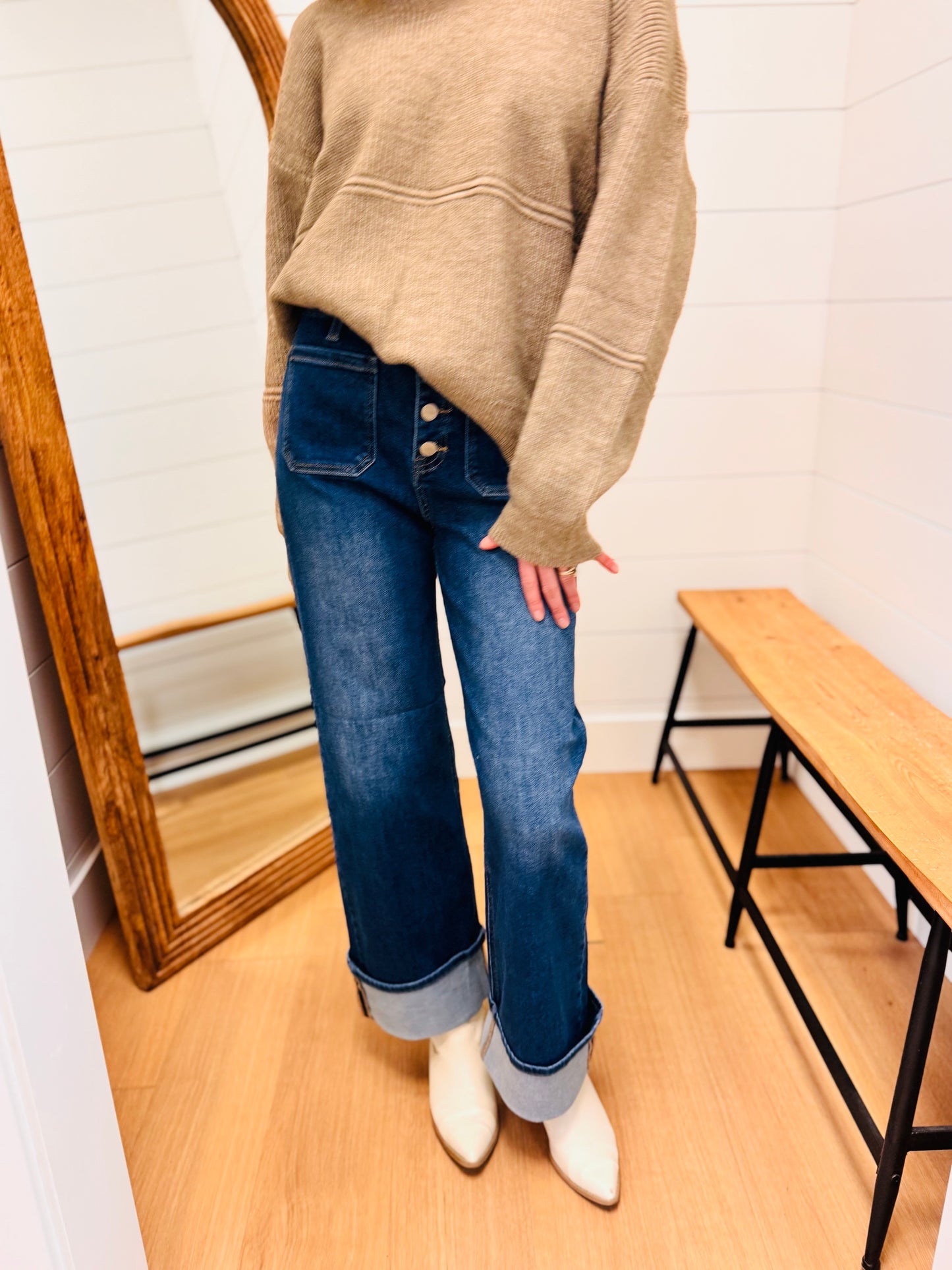 High Rise Ankle Wide Button Down Cuffed Jeans