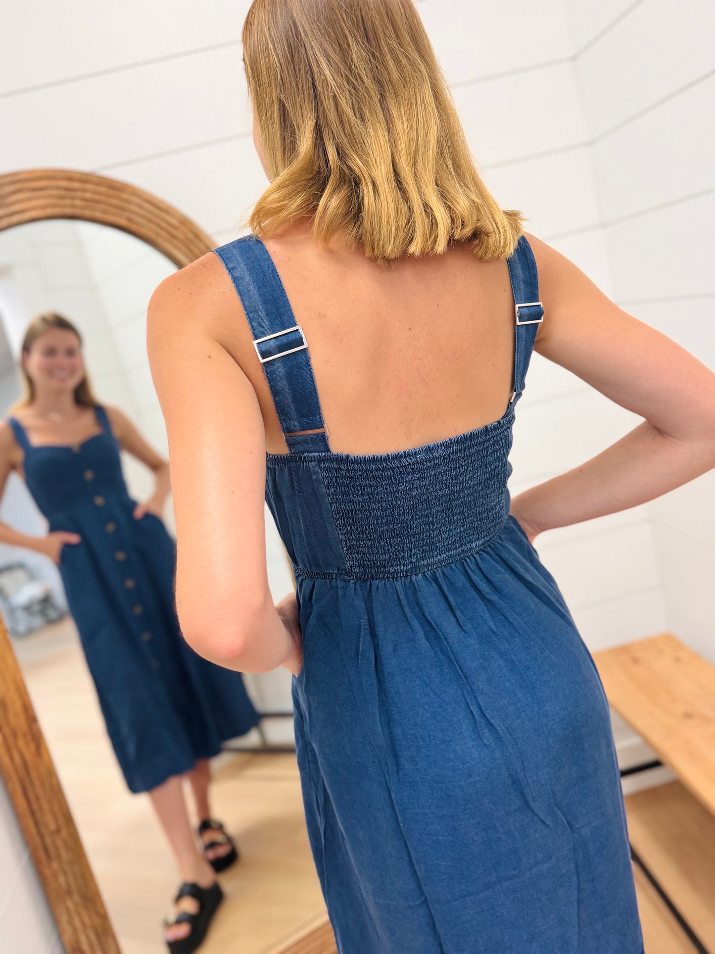 Dark Chambray Midi Dress with Sweetheart Neckline