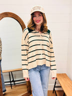 Button Down Sweater with Contrast Stripes and Collar