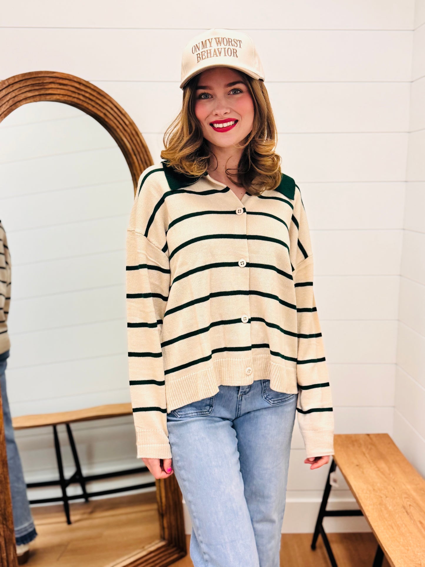 Button Down Sweater with Contrast Stripes and Collar