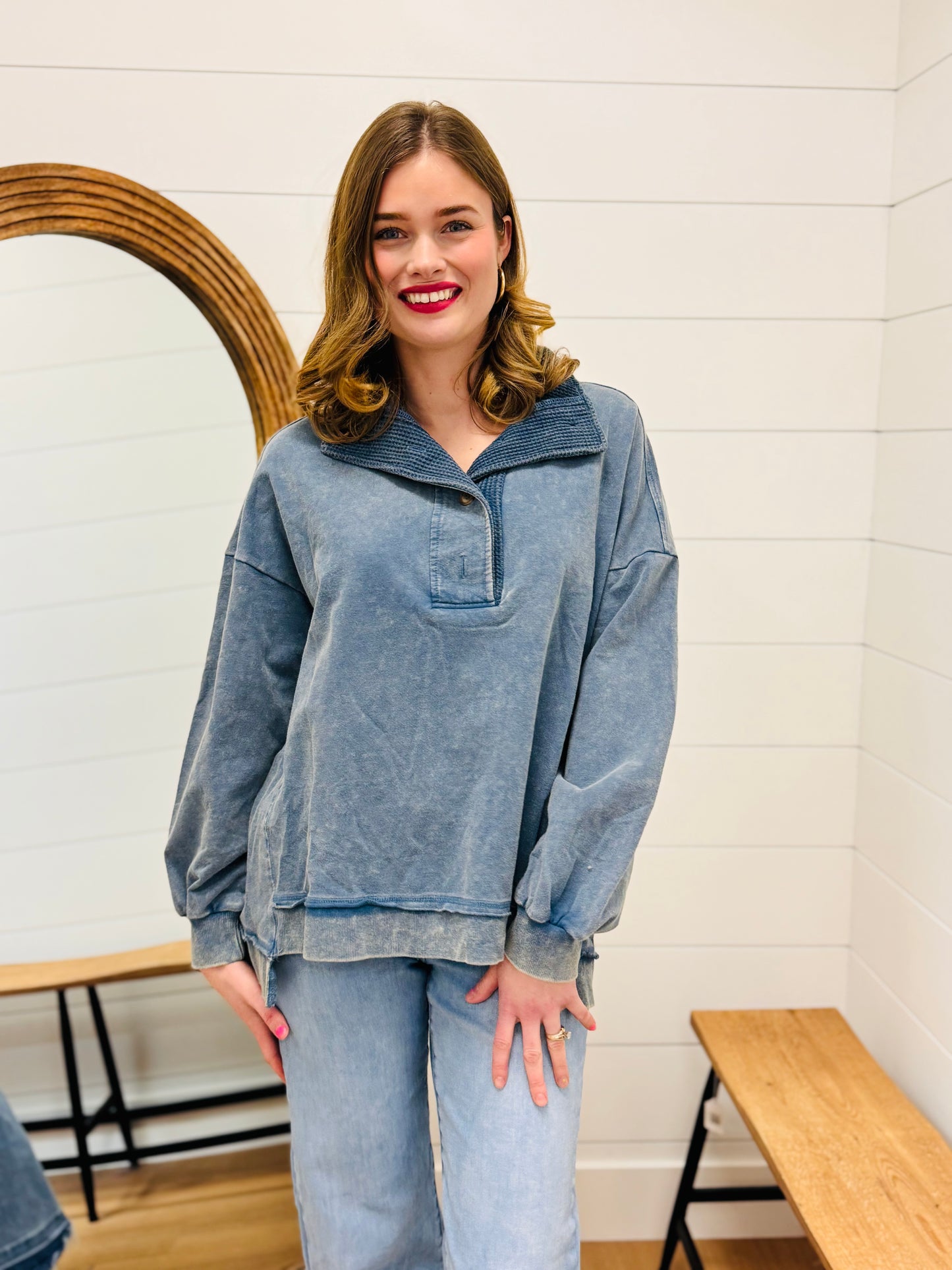 Half Button Down Contrast Pullover