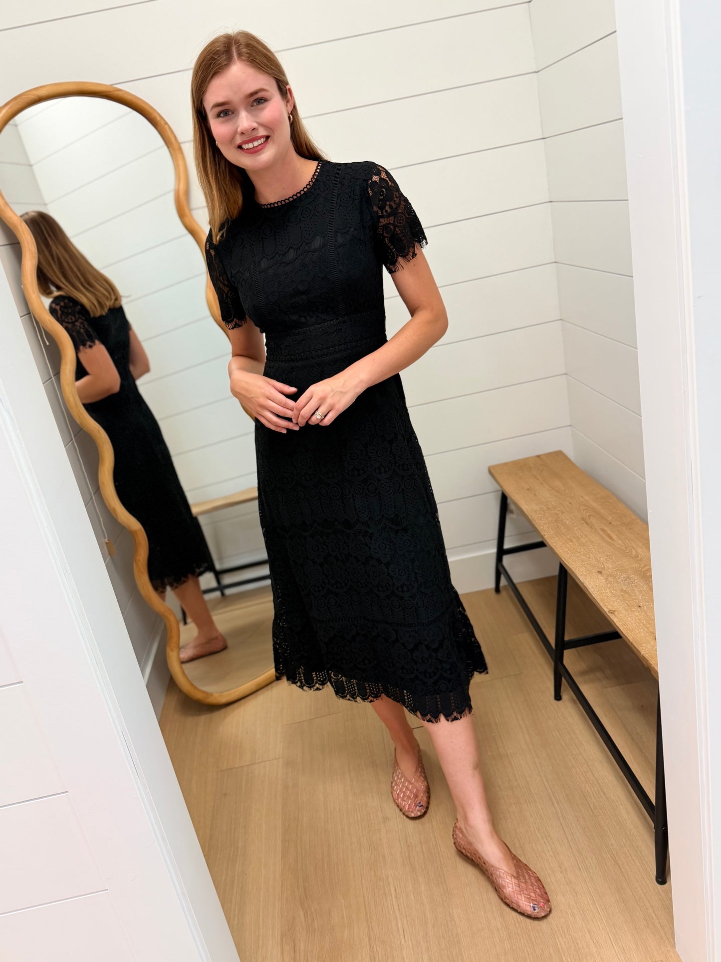Lace Scalloped Short Sleeve Midi Dress