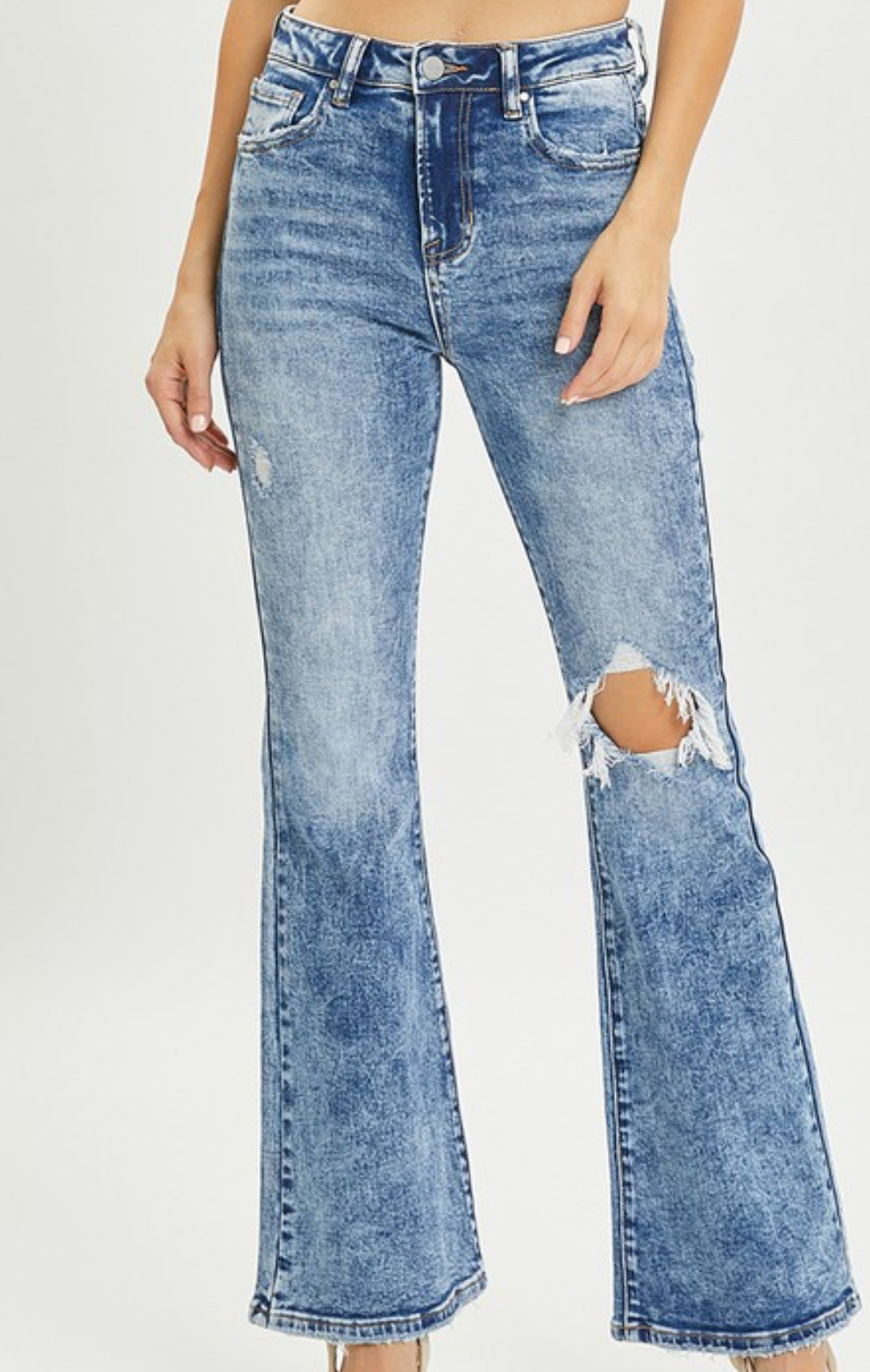 High Rise Knee Distressed Flare Jeans - Risen