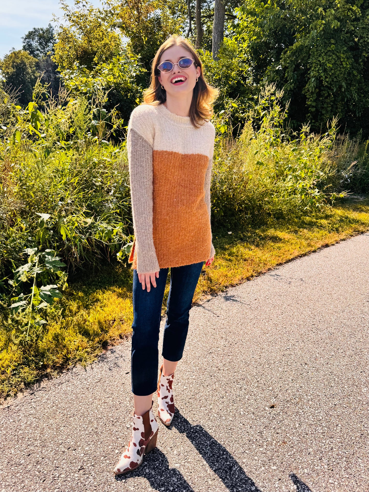 Mustard Color Block Pullover Sweater